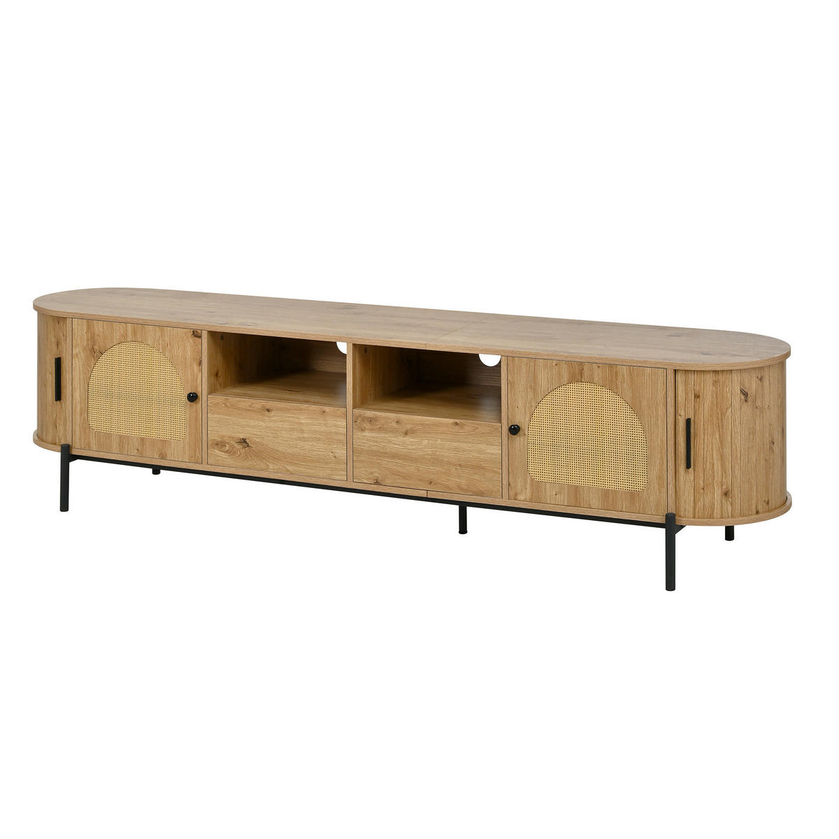TV-SCHRANK oval 200 x 40 cm MDF in Holzoptik mit Rattan und Schiebetüren - Hellbraun, Holzwerkstoff (40/49.5/200cm) - Beauniv