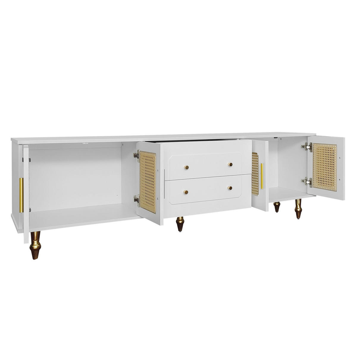 TV-LOWBOARD aus Spanplatte 175x38x55,5 cm Weiß mit PVC-Rattantüren und Push-to-Open-Schubladen - Weiß, Holzwerkstoff (175/55.5/38cm) - IVMEU