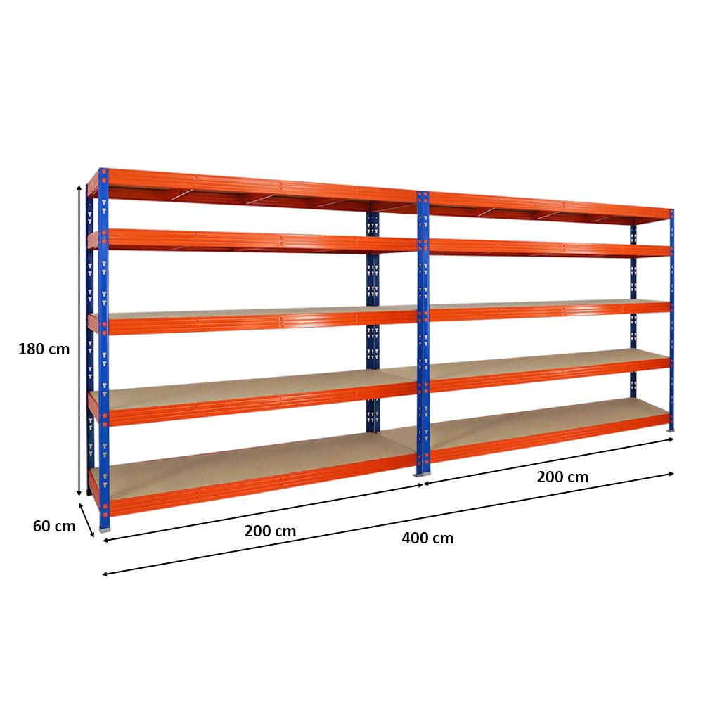 SCHWERLASTREGAL Rhino 2er-Set mit 2x 180x200x60 cm 5 Spanplatten-Ebenen 8mm Fachlast 500 kg Blau/Orange - Orange, Metall (400/180/60cm) - PROREGAL