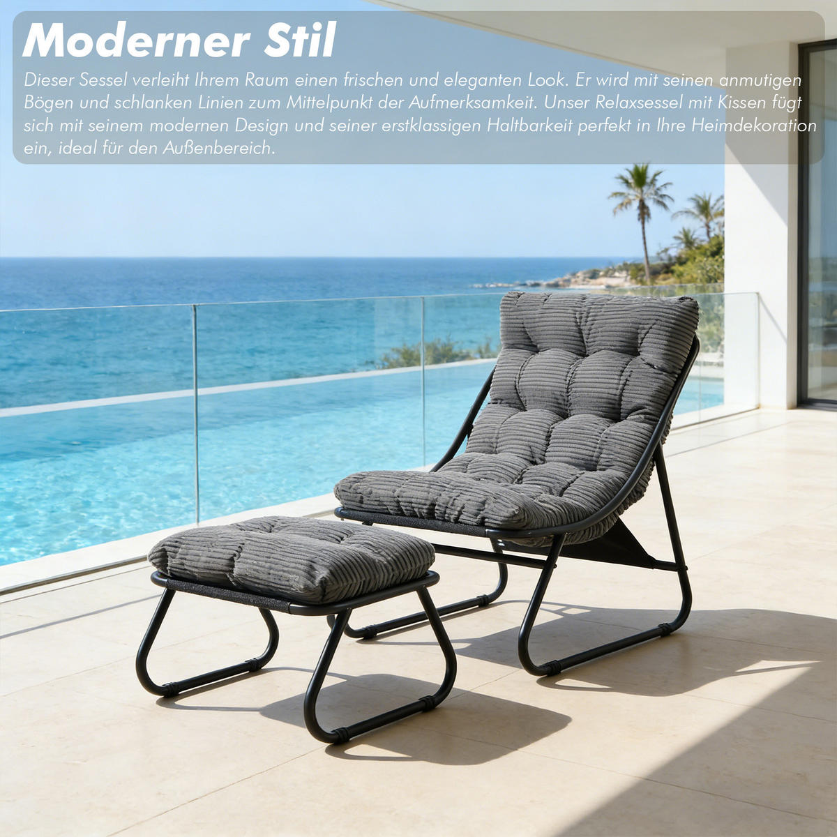 SESSELSET, Relaxsessel mit Hocker,Stahlrahmen,Cord,Grau - Dunkelgrau, Metall (78/86/65cm) - LVHOM