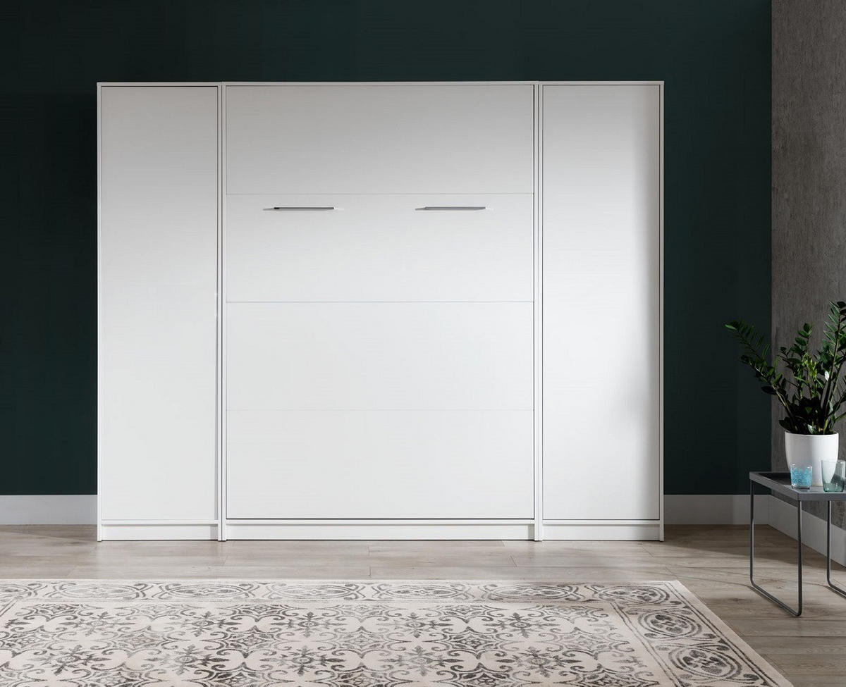 SCHRANKBETT Wandklappbett vetikal VB140x200 mit 2 Schränken - 3-tlg. - Weiß-Matt - Weiß, Holzwerkstoff (140/200cm) - QMM TraumMöbel