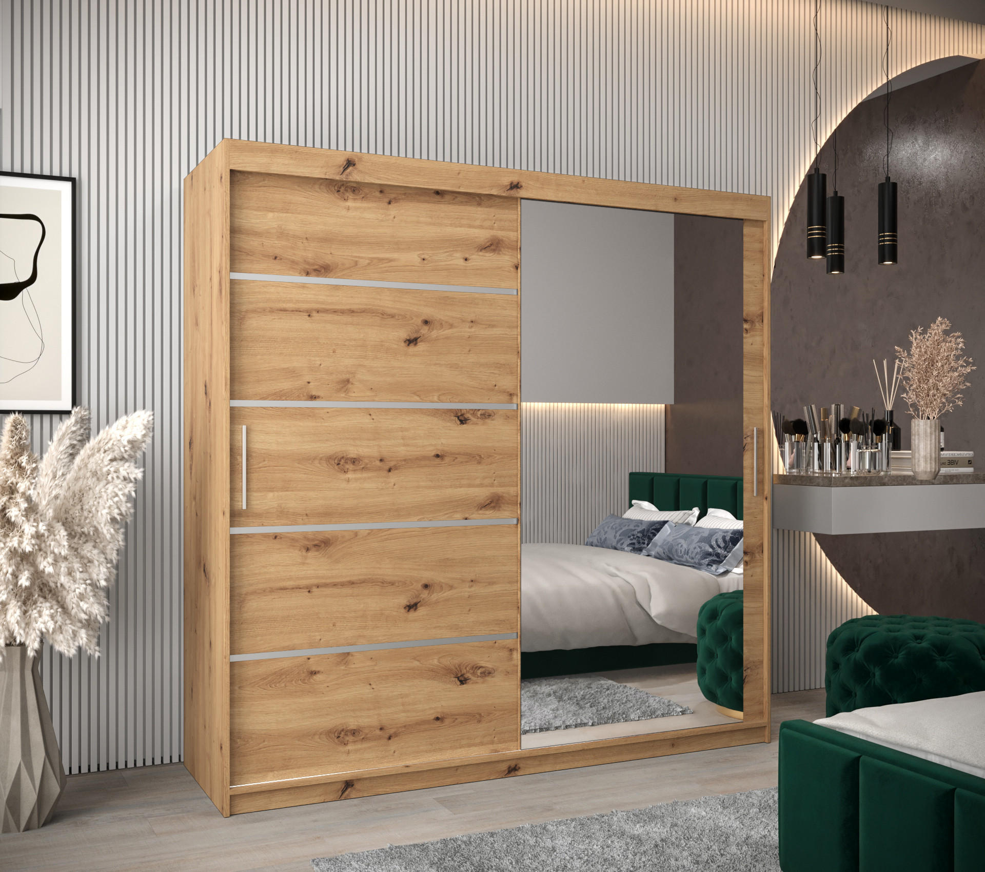 SCHWEBETÜRENSCHRANK 200/200/62 2-türig - Silberfarben/Eiche Artisan, Holz/Kunststoff (200/200/62cm) - MÖBEL KRYSPOL