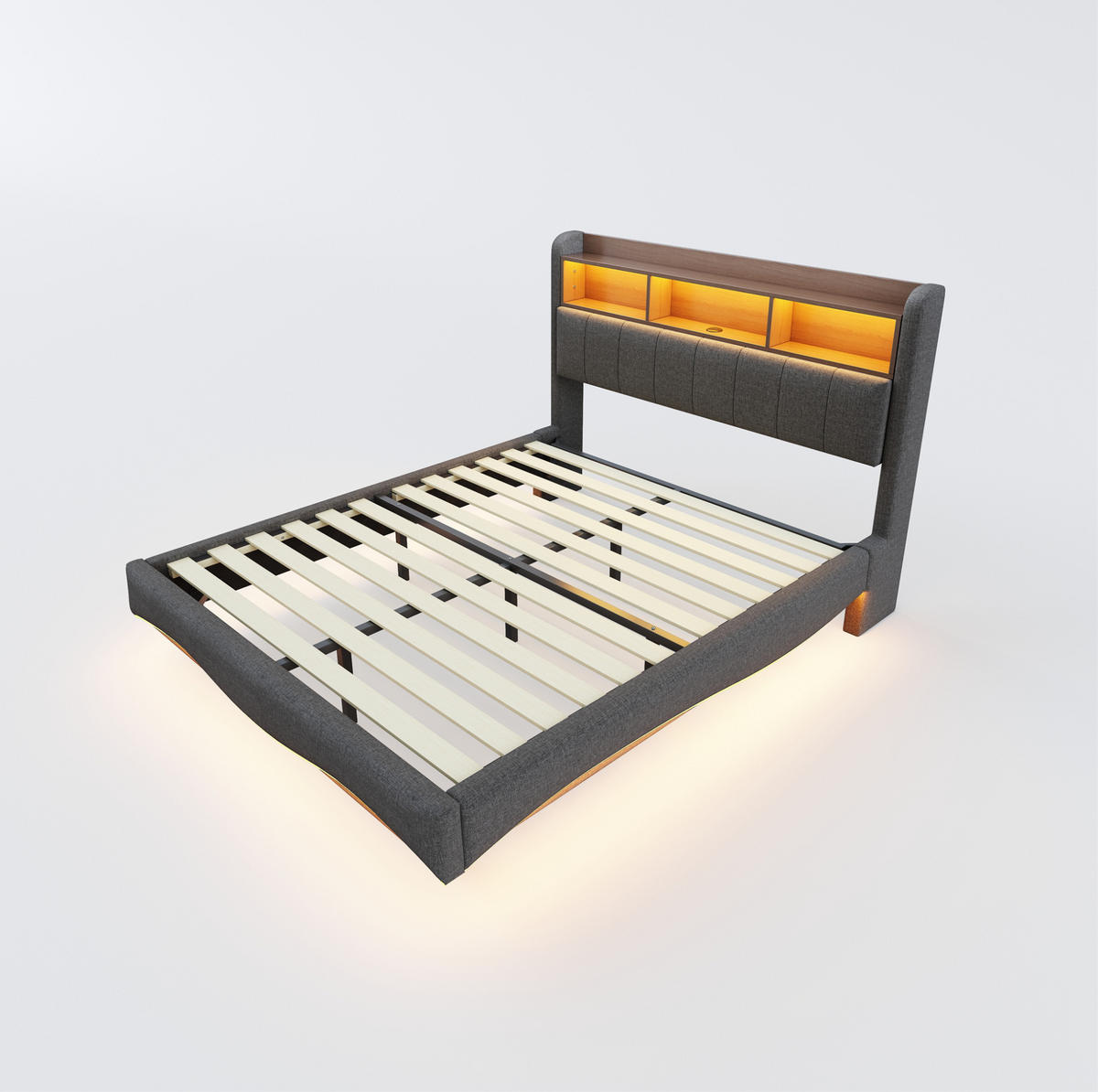 POLSTERBETT mit Stauraum, LED und USB/Type-C 160x200 cm Grau - Grau, Metall (160/200cm) - Meubliv