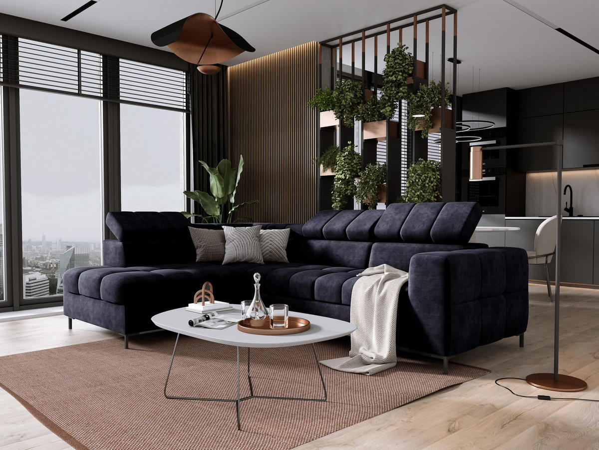 ECKSOFA PABLOS Cloud, L-förmig, Moderne, mit verstellbarem Kopfteil, Schlaf- & Lagermöglichkeiten, freistehend, LINKS 201x279x97 cm Blue - Dunkelblau, Holz/Textil (201/279cm) - DomoHome