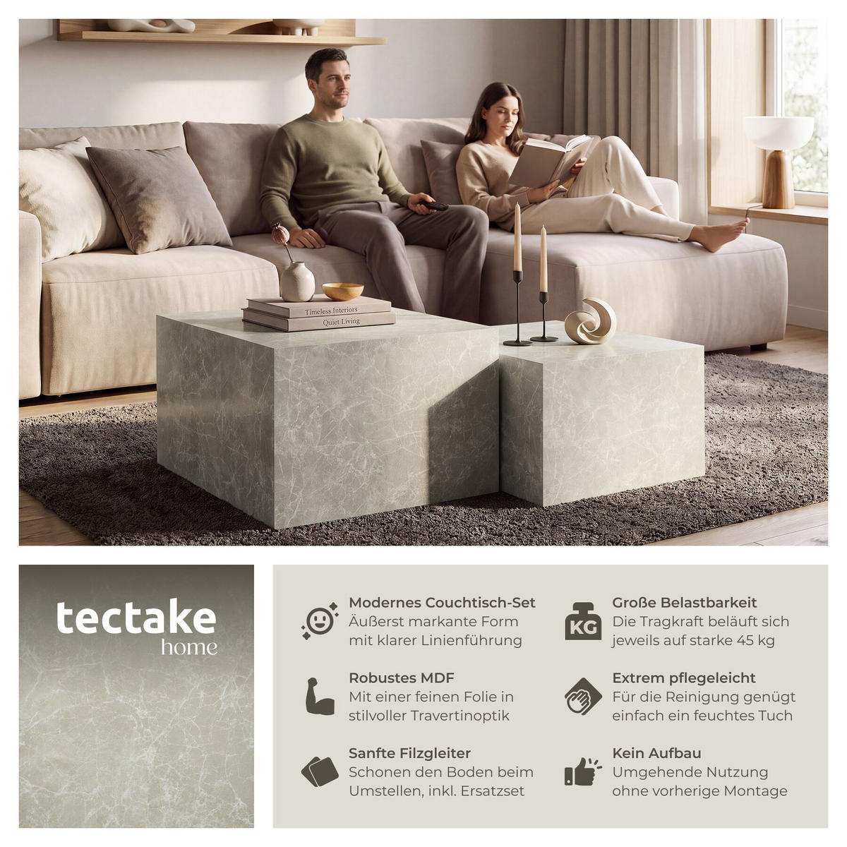 COUCHTISCH 2er Set Lacey, inkl. Filzschoner, Belastbarkeit 45 kg, Travertin Optik - Beige, Holz (60/60/40cm) - tectake