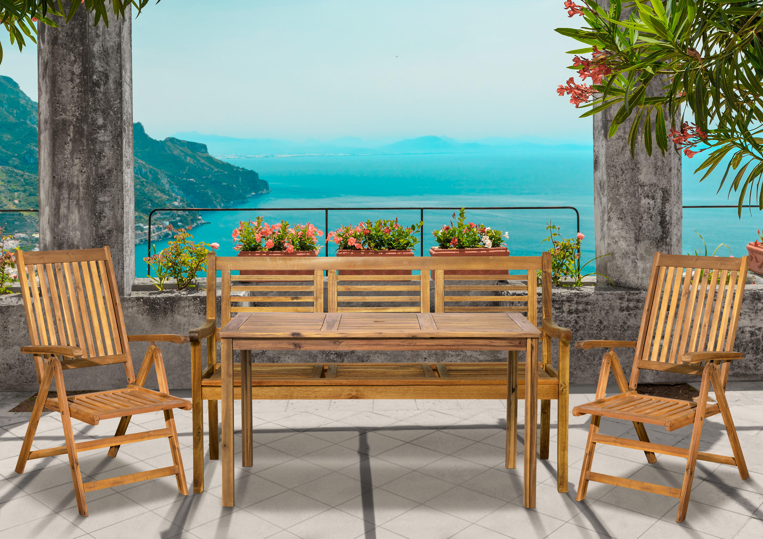 SITZGRUPPE Akana mit 2 Stühlen, 1 Bank und 1 Tisch mit Schirmloch - 135x80 cm - Akazienholz geölt - Naturfarben, Holz - TPFGarden