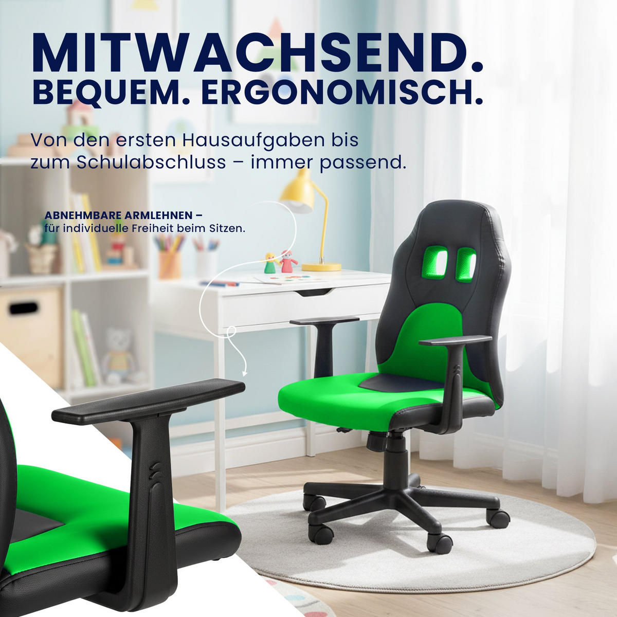 JUGENDDREHSTUHL Lederlook Schwarz/Grün - Schwarz/Grün, Kunststoff/Textil (56/83/59cm) - CLP