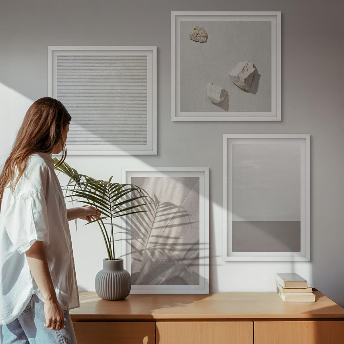 WANDBILDER 4er-Set - 50x50 cm & 40x60 cm Weißer Rahmen - Zarte Boho-Texturen der Natur - Weiß, Kunststoff (50/50cm) - ArtPrintCave