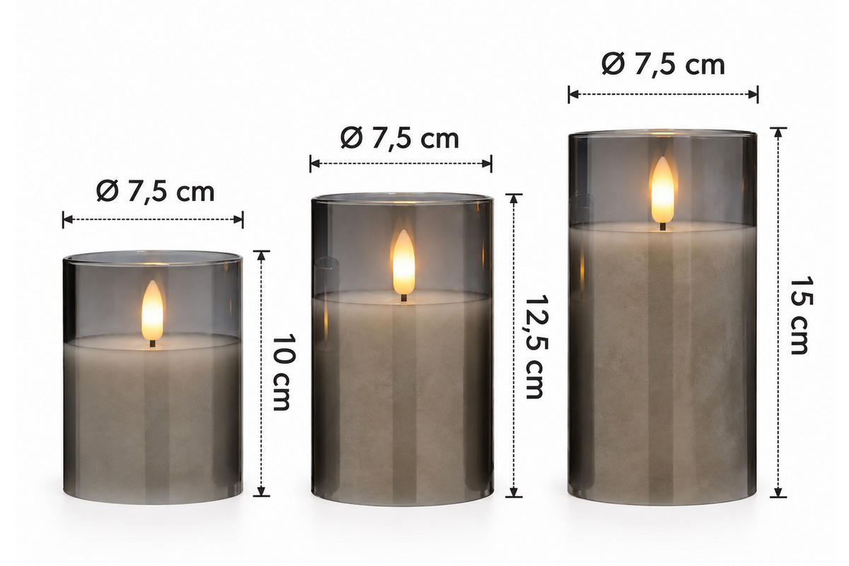 LED-KERZENSET, Glas, Grau - Grau, Glas (7.5/7.5/15cm) - dasmöbelwerk