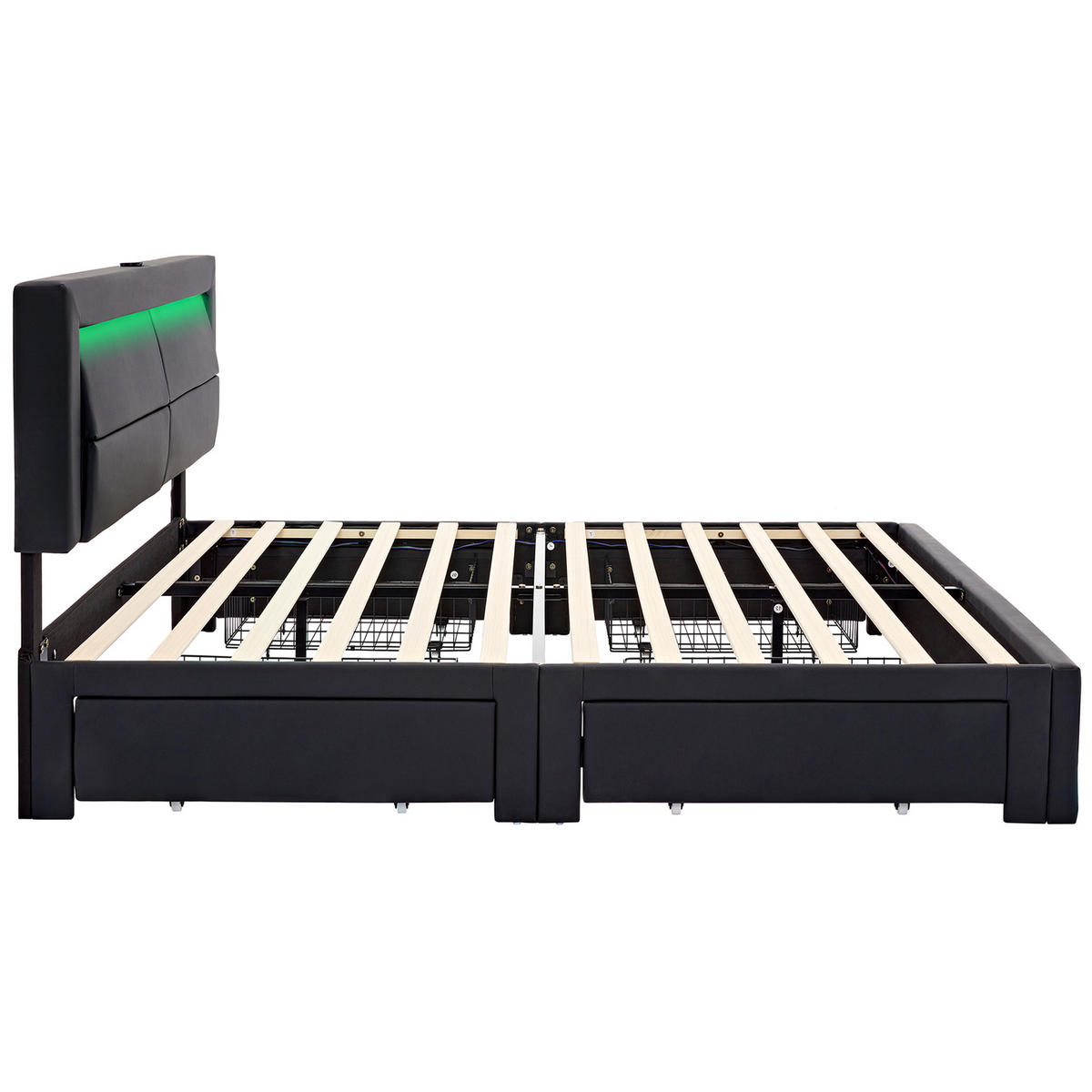 POLSTERBETT 140/200 cm Schwarz mit USB-Anschluss und LED-Beleuchtung - Schwarz, Kunststoff (140/200cm) - OKWISH