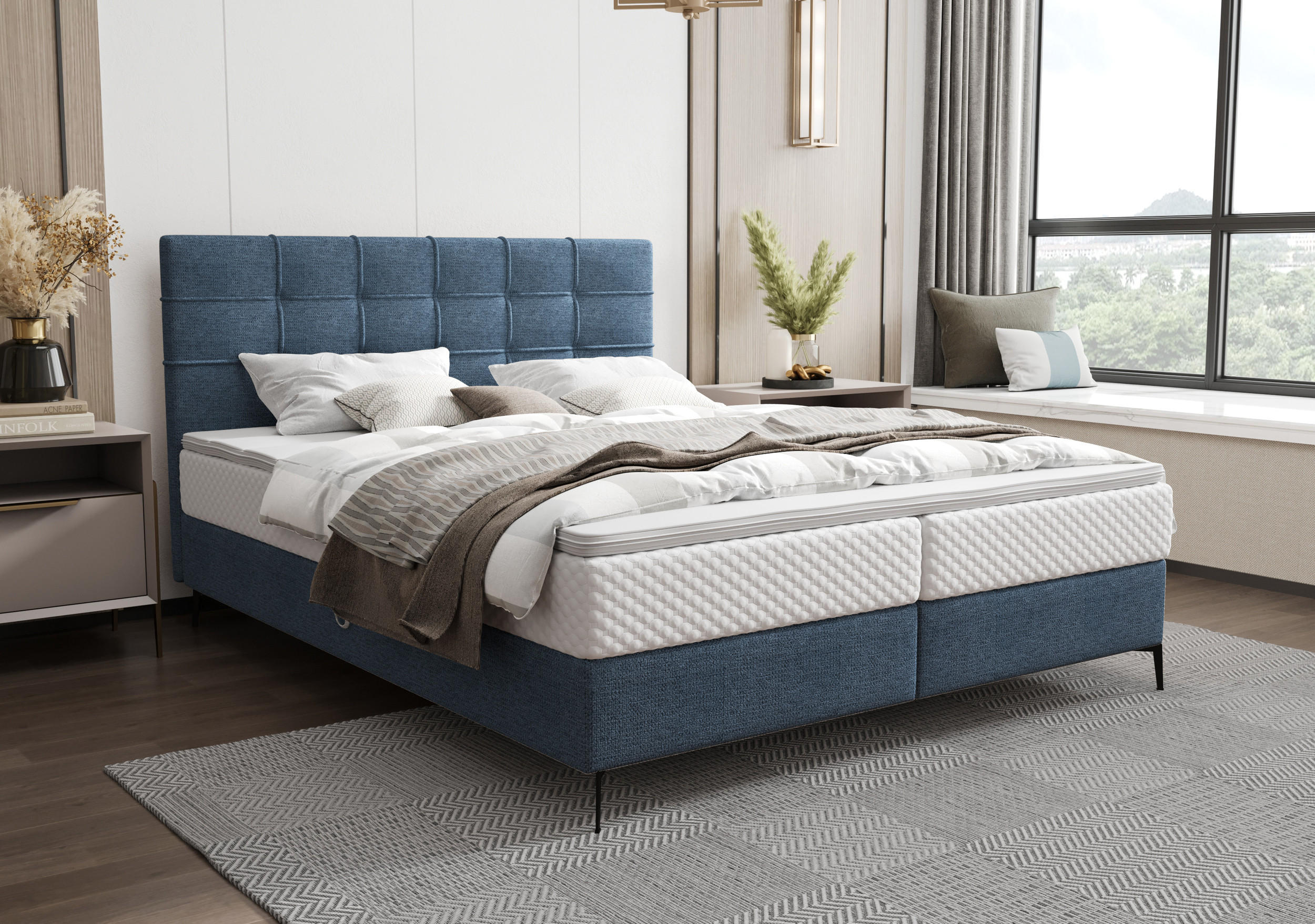 BOXBETT INAO 140x200 mit Matratze H3, Bonell und Topper ARAGON 74 - Dunkelblau, Textil (140/200cm) - Bedante