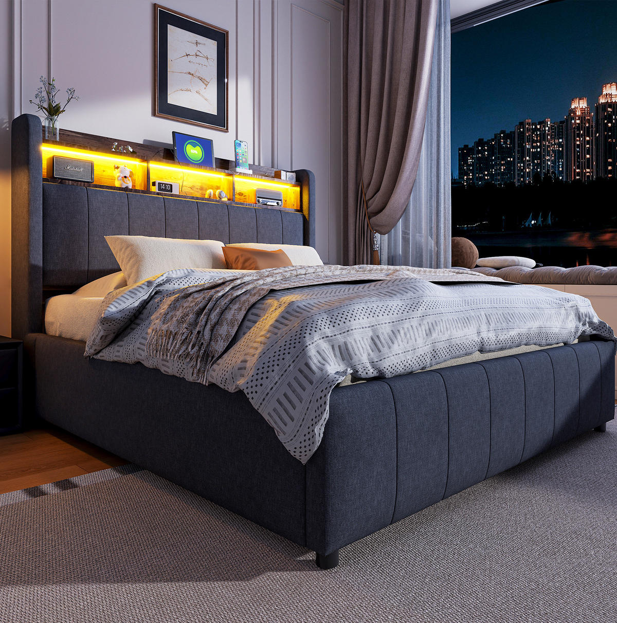 TAPECIRANI krevet 140/200 cm sivi od lana s LED rasvjetom, spremištem i USB/Type-C priključcima - siva, tekstil (140/200cm) - OKWISH