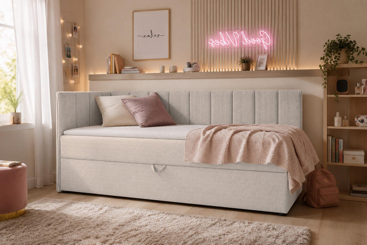 BOXBETT VIGO 100/200 cm in Cord/Velours Ecru H3 links - Ecru, Holz/Holzwerkstoff (100/200cm) - Deine Möbel 24