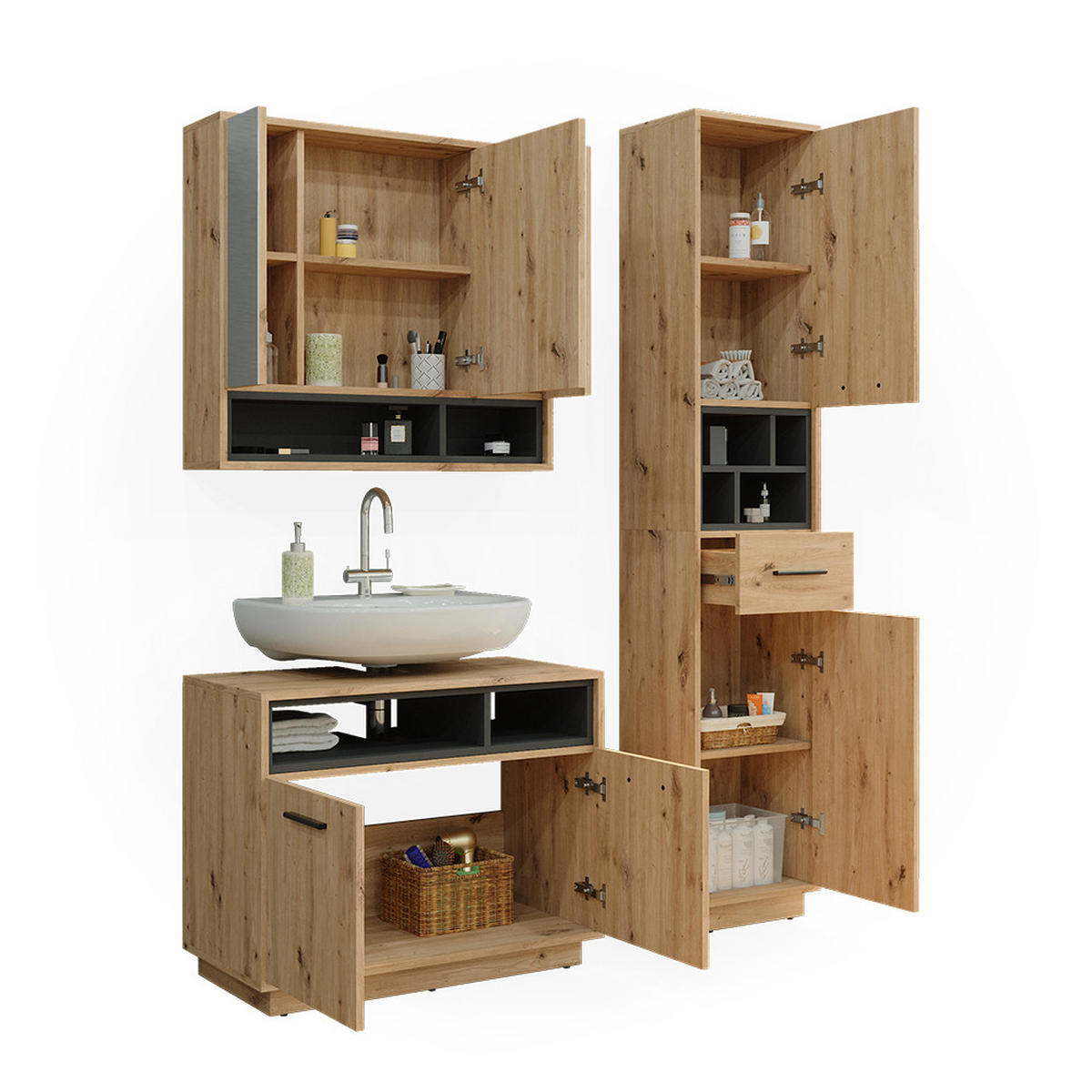 BADMÖBEL-SET Beatrice Artisan-Eiche 3 Teile, mit Hochschrank - Anthrazit/Eiche Artisan, Holzwerkstoff (80/64/40cm) - Vicco