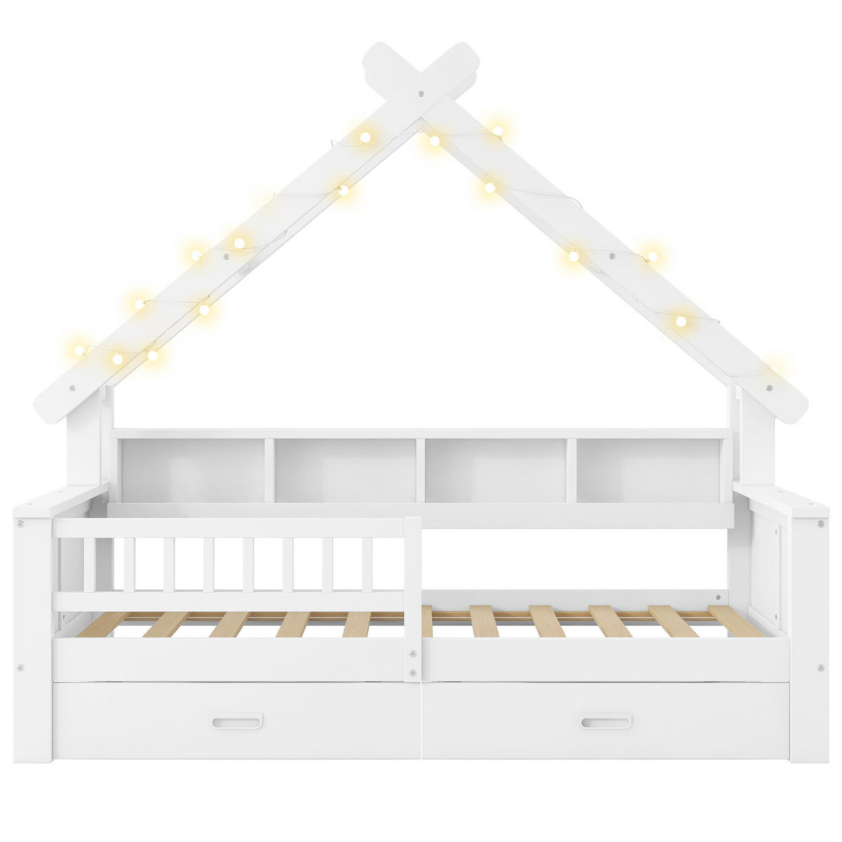 HAUSBETT 90/200 cm in Weiß mit LED, 2 Schubladen und Regal - Weiß, Holz/Holzwerkstoff (90/200cm) - WISHDOR