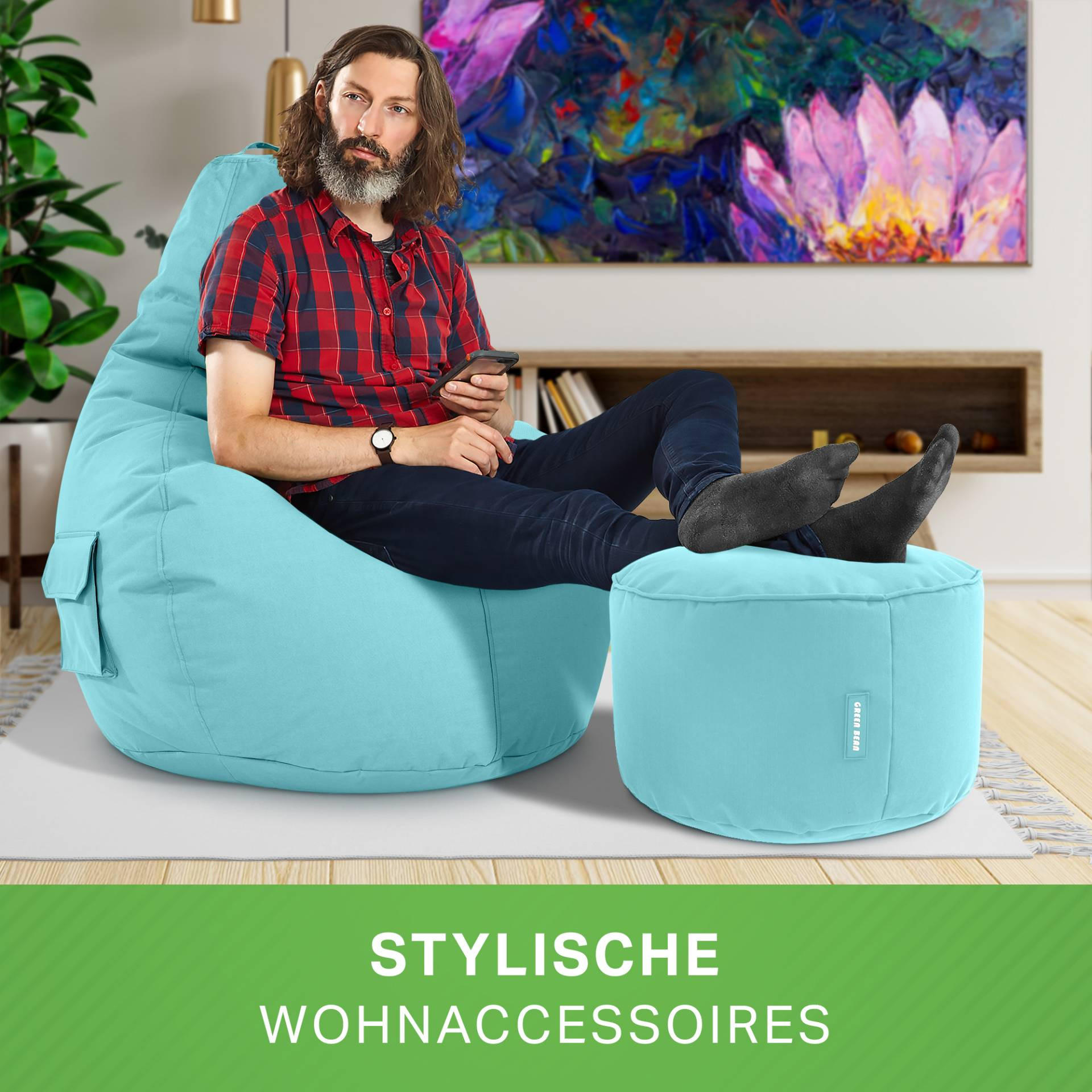 SITZSACK + Hocker "Cozy+Stay" 2er Set - Hellblau, Textil (70/90/80cm) - Green Bean