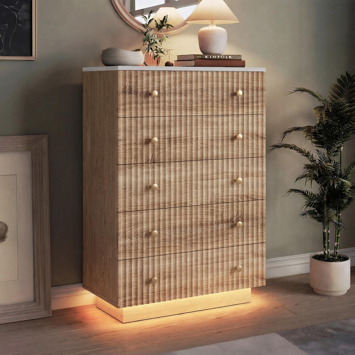 KOMMODE mit 5 Schubladen & Sockel‑LED, Eiche‑Weiß, 40/73/111cm - Eichefarben, Holz (73/111/40cm) - Joyfair