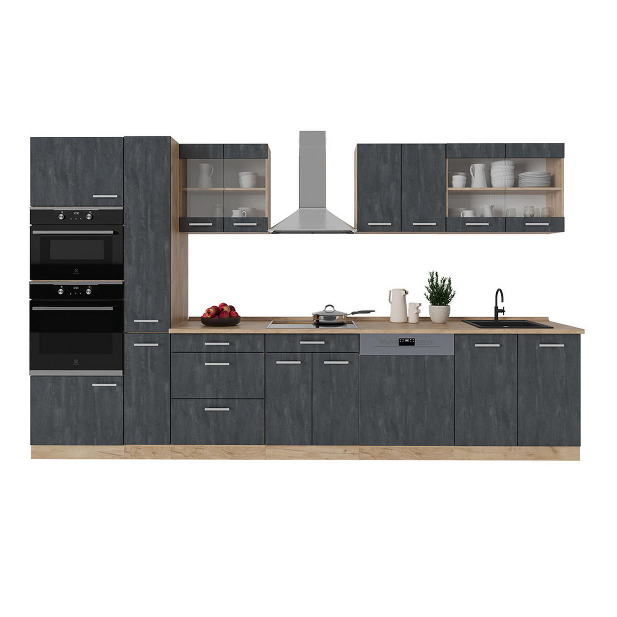 KÜCHENZEILE R-Line Schwarz Beton/Goldkraft Eiche 350 cm ohne AP - Eiche Wotan/Schwarz, Holzwerkstoff (350/81.6/46cm) - Vicco