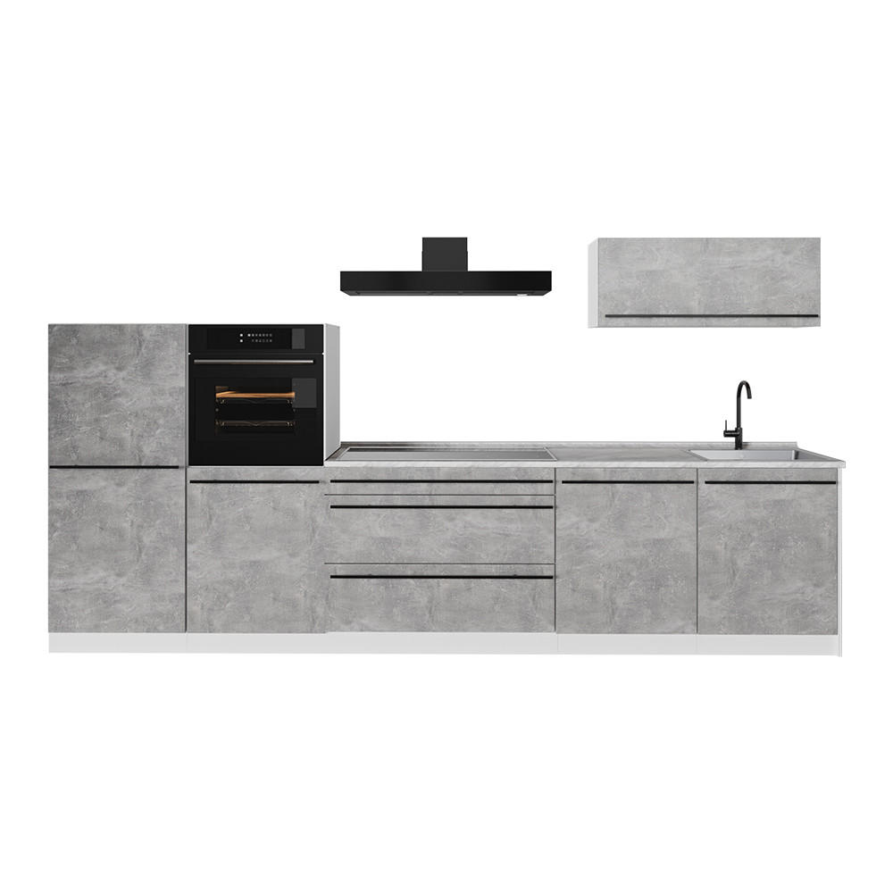 KÜCHENZEILE R-Line, Beton/Weiß, 340 cm Arbeitsplatte Marmor - Weiß/Grau, Holzwerkstoff (340/143/60cm) - Vicco