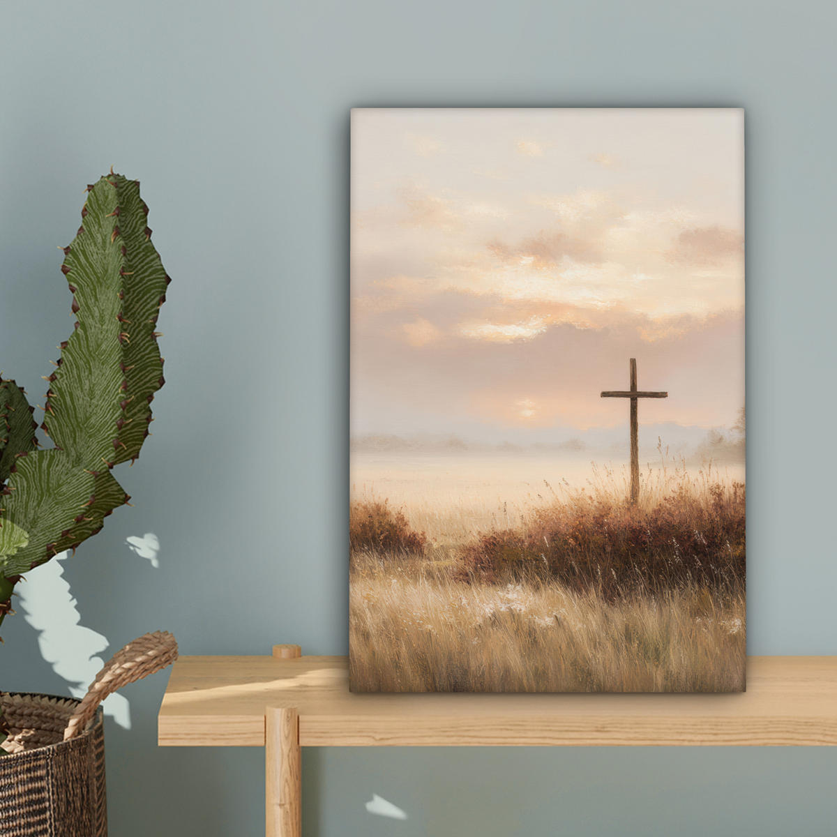 LEINWANDBILD Gras - Morgennebel - Kreuz - Christentum Deko Wohnzimmer 20x30 cm - Beige, Textil (20/30cm) - MuchoWow
