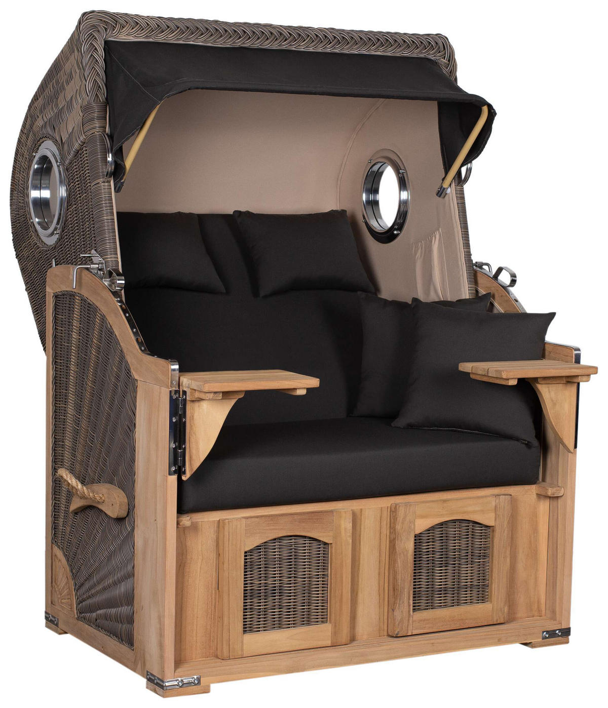 STRANDKORB Düne 2 Sitzer Teak PE Grey - Schwarz/Braun, Holz/Metall (125/170/80cm) - Mr. Deko