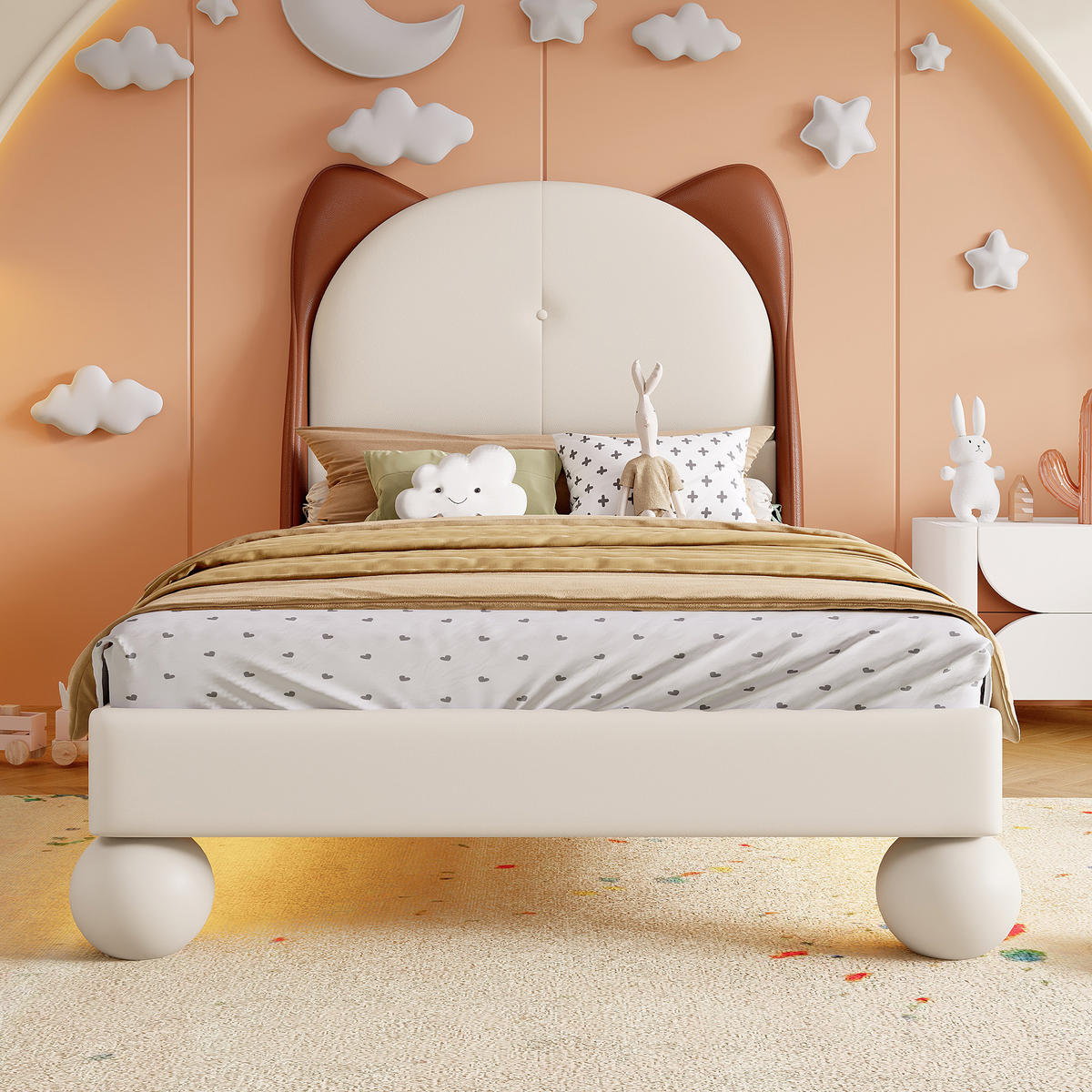 POLSTERBETT 90/200 cm Beige und Gelbbraun mit Katzenohren-Kopfteil und LED-Beleuchtung - Beige, Kunststoff (90/200cm) - OKWISH