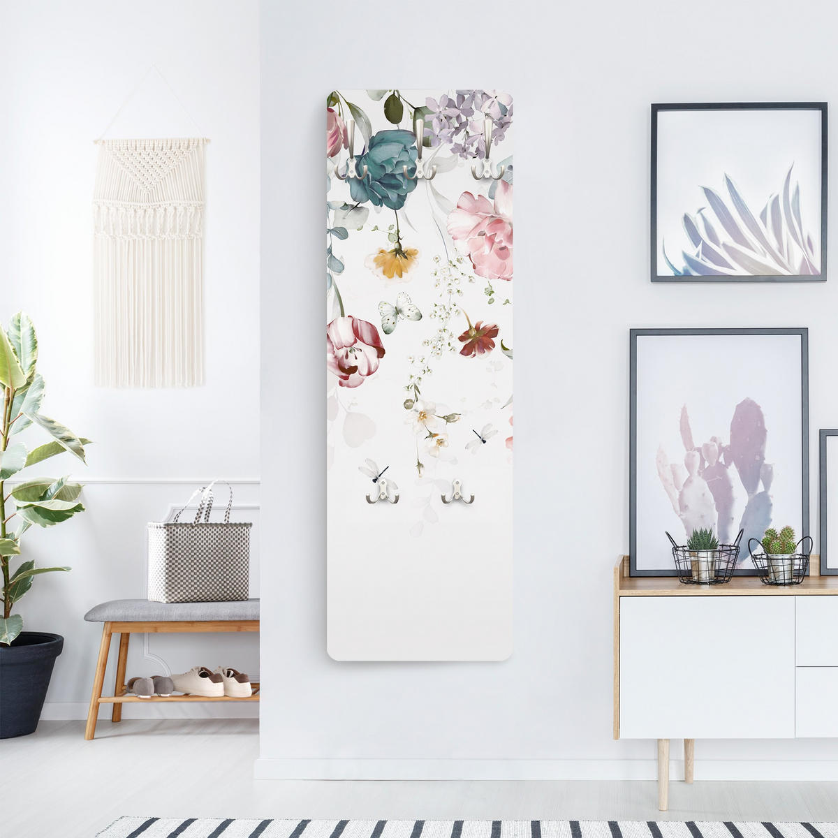 WANDGARDEROBE - Rankende Blumen mit Schmetterlingen Aquarell 34/105 cm - Pastellblau, Holzwerkstoff (34/105/1.6cm) - Bilderwelten