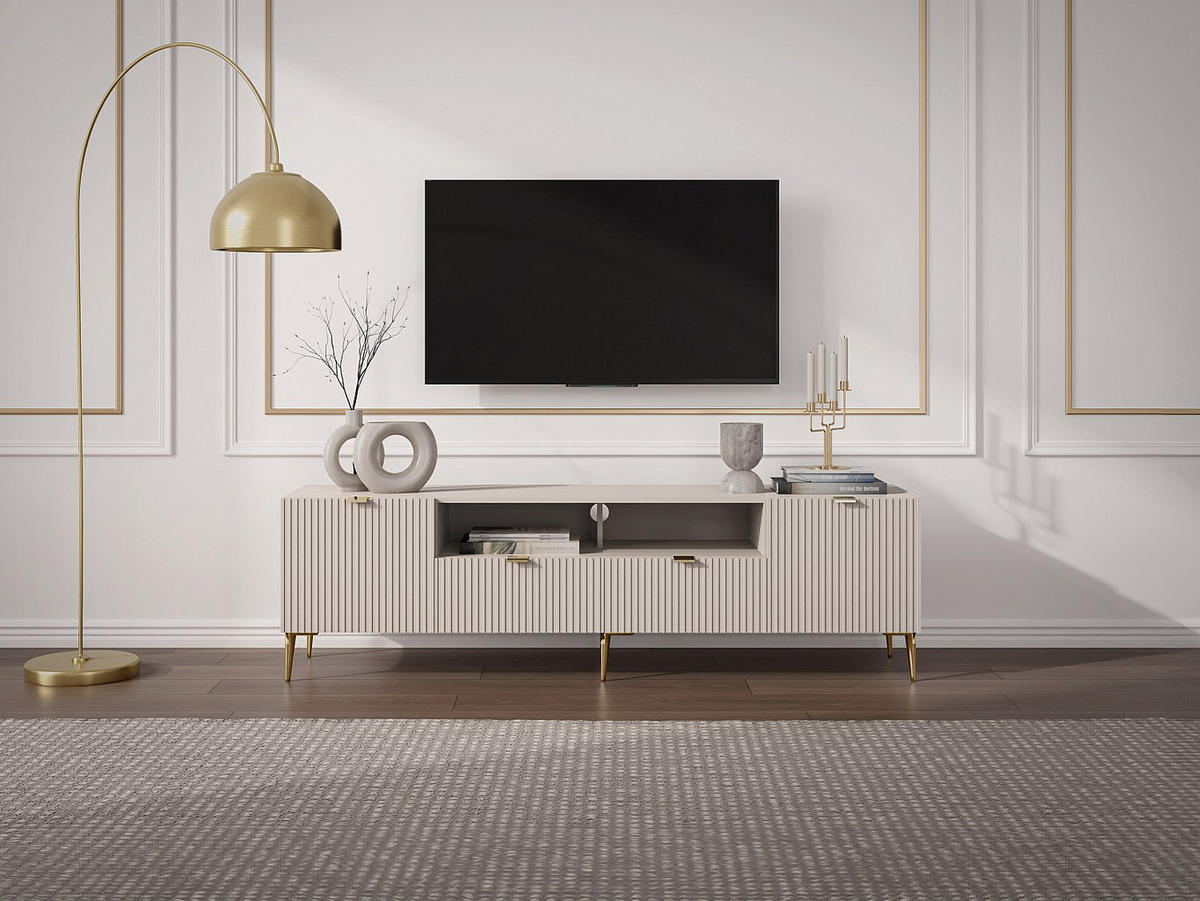TV-MÖBEL mit 2 Türen, 2 Schubladen & 2 Ablagefächern - MDF & Stahl - Beige & Goldfarben - YESINIA - Beige, Holz (190/55/45cm) - Vente-Unique