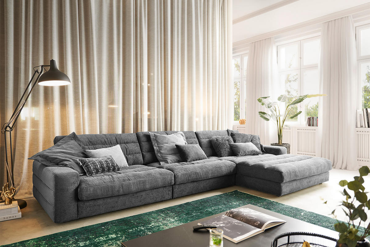 ECKSOFA XL LANA Grau Cord - Schwarz/Grau, Textil (416/205cm) - KAWOLA