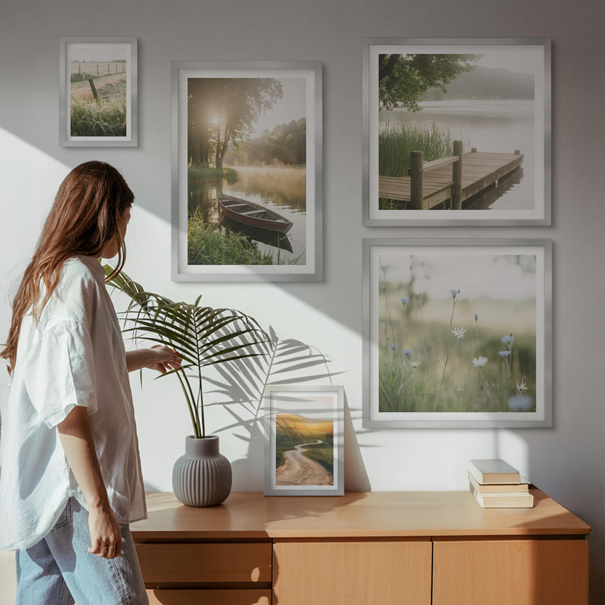 BILDER SET 5er Set - 50x50 cm & 20x30 cm & 40x60 cm Silberner Rahmen - Libellen im Gras, Wassermalerei - Silberfarben, Kunststoff (40/60cm) - TULUP