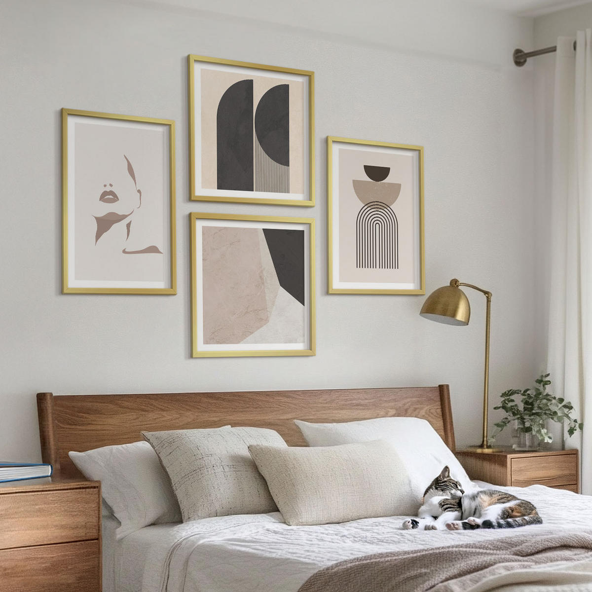 WANDBILDER 4er Set - 50x50 cm & 40x60 cm Goldrahmen - Abstrakte weiß-braune Muster - Goldfarben, Kunststoff (50/50cm) - ArtPrintCave