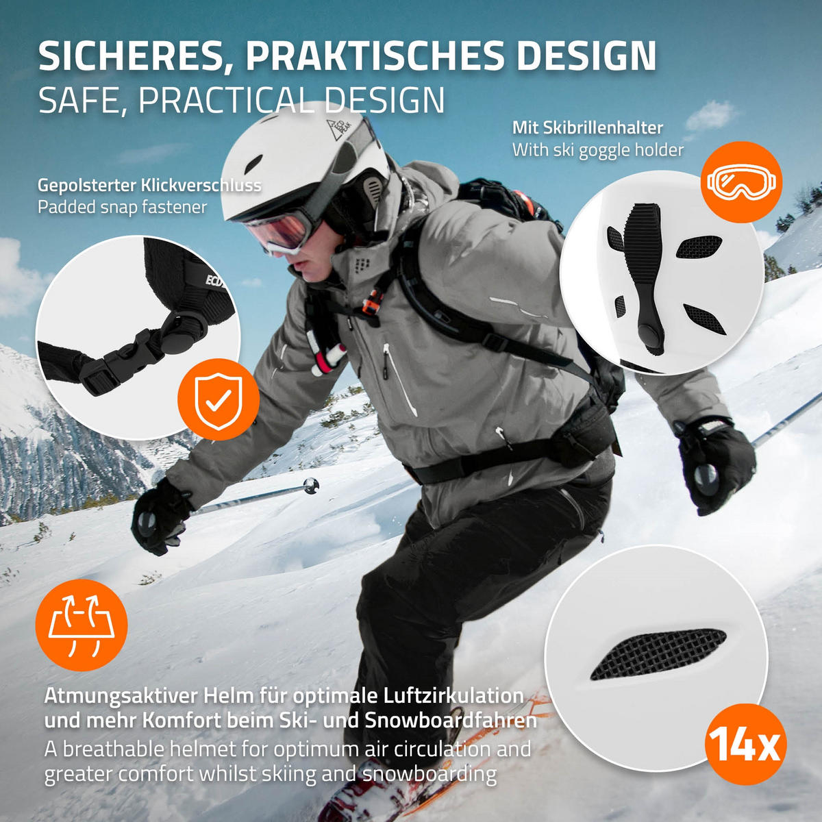 SKIHELM für Herren und Damen Snowboardhelm robust Weiß L 58-61 cm - Weiß, Kunststoff (30/24cm) - ECD-Germany