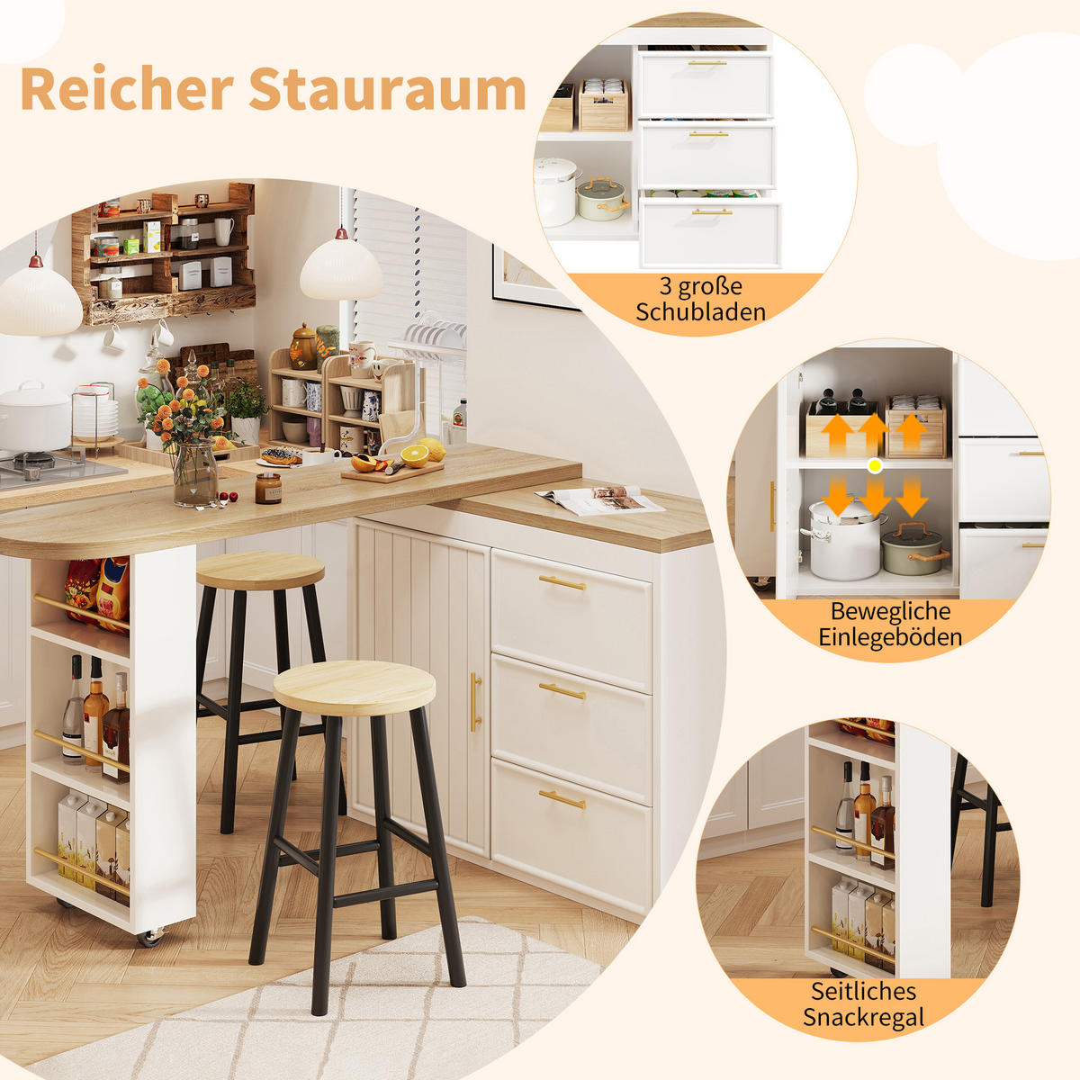 BARTISCH mdf in weiß mit holzoptik, 360° drehbar & 3 schubladen - Weiß, Holzwerkstoff (39/203/90cm) - Urban Meuble