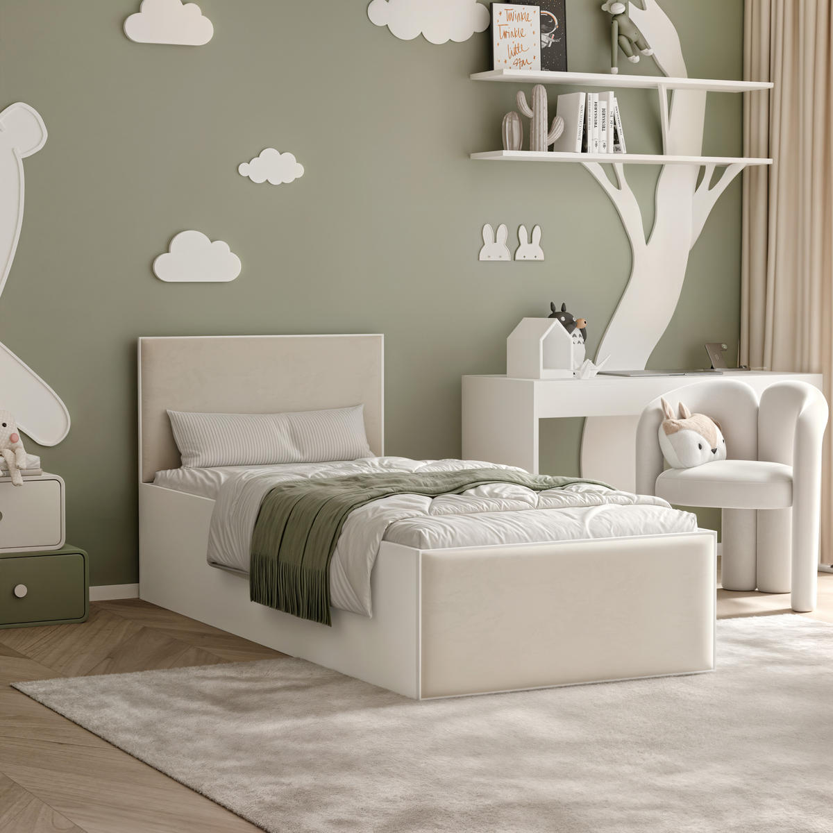 POLSTERBETT SASHI 90/200 cm Bettkasten, ohne Matratze, Weiß / Hellbeige - Sandfarben, Holz/Holzwerkstoff (90/200cm) - Idohome