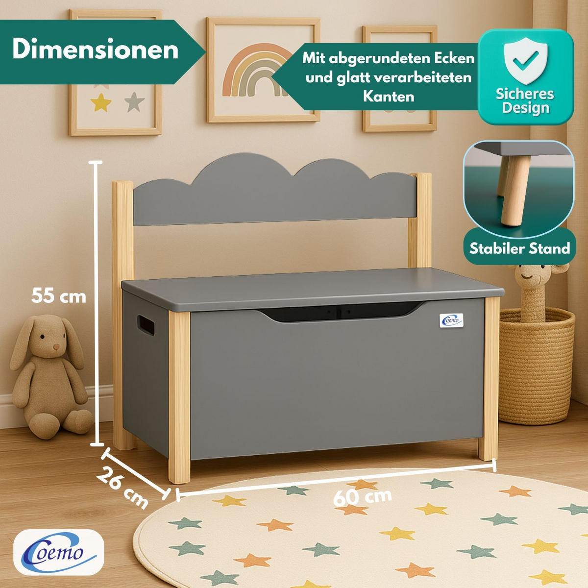 KINDERSITZBANK TRUDI Spielzeugtruhe in Grau - Grau, Holzwerkstoff (26/55/60cm) - Coemo