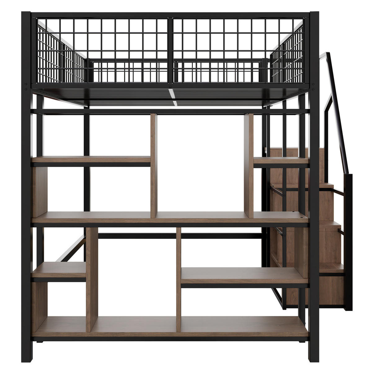 HOCHBETT 140/200 cm aus Metall und Holzwerkstoff mit Stauraumtreppe und offenem Arbeitsbereich, Schwarz - Schwarz, Metall (140/200cm) - Redom