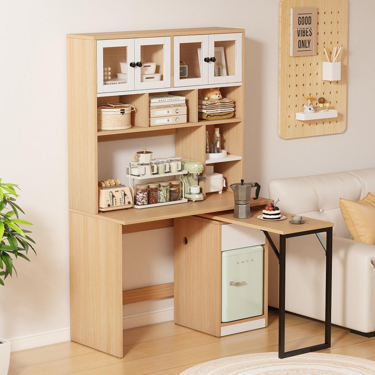 KÜCHENSCHRANK mit Hochschrank, DREHBARER SCHREIBTISCH, Weiß Natur, Arbeitszimmer, 180 cm hoch - Naturfarben, Kunststoff (55/180/110cm) - Rolipo