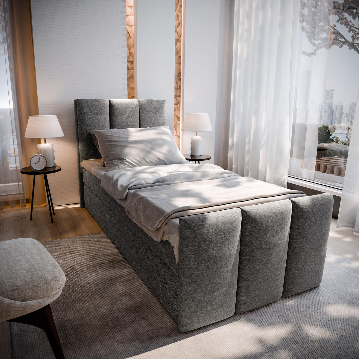 BOXBETT LAGO 100 100x200 cm mit Matratze und Topper - Grau - Grau, Holz (100/200cm) - MASSENO