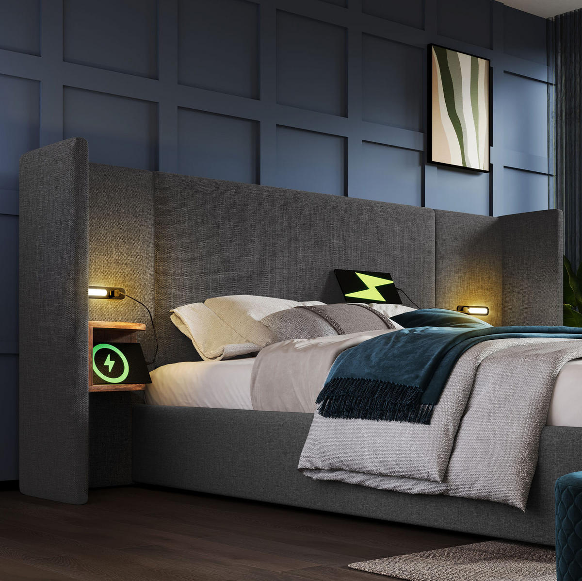 POLSTERBETT 180/200 cm mit Bettkasten, Leselampe und USB/Type-C in Grau - Grau, Textil (180/200cm) - BEAOK