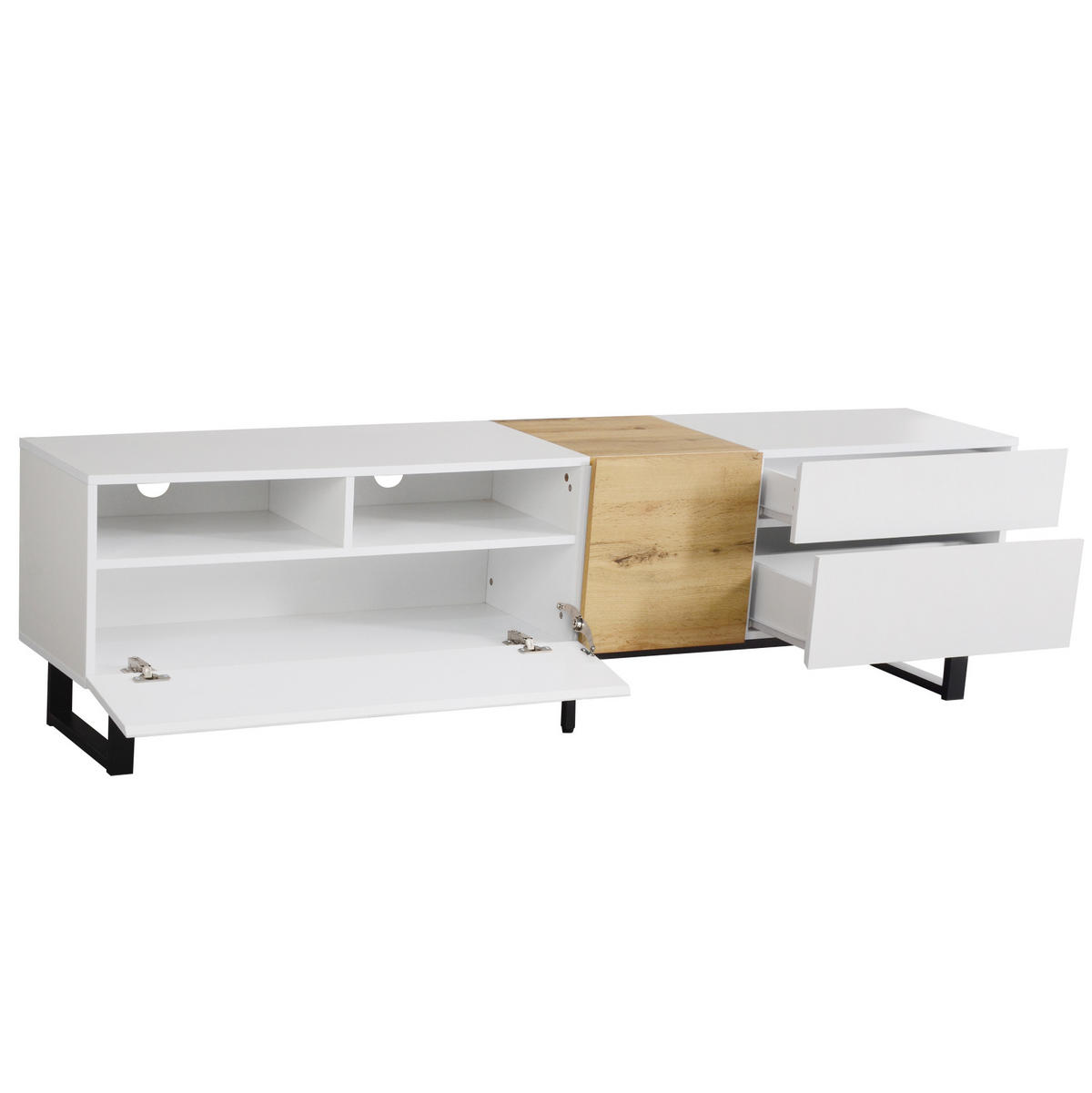TV-SCHRANK aus MDF 180x38x50 cm Weiß und Holzoptik mit 2 Schubladen, 2 Türen und offenen Fächern - Weiß, Holzwerkstoff (180/50/38cm) - Modfu