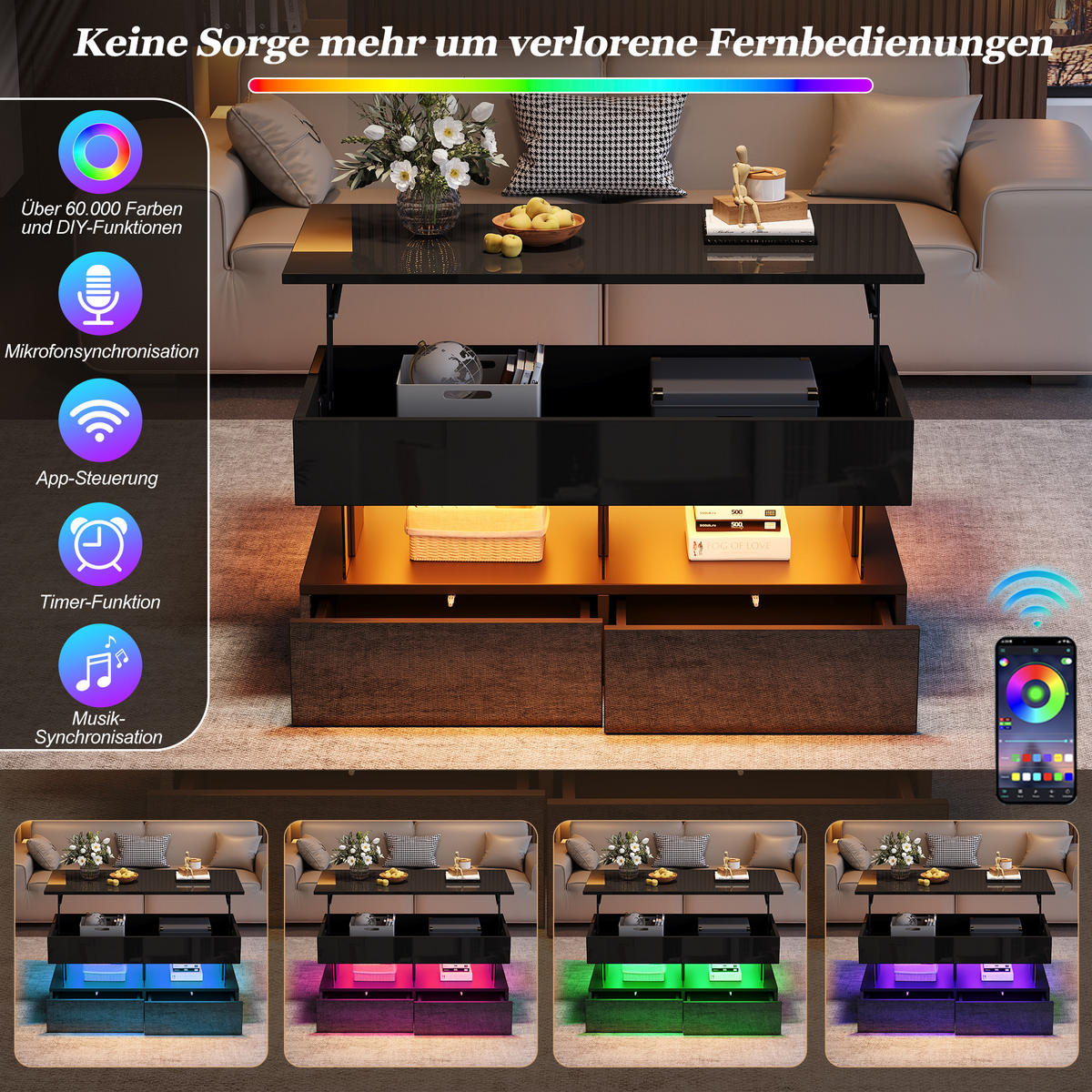 COUCHTISCH DE-37106 höhenverstellbar mit LED und 2 Schubladen Schwarz - Schwarz, Holzwerkstoff (100/50/46cm) - ComfortXL