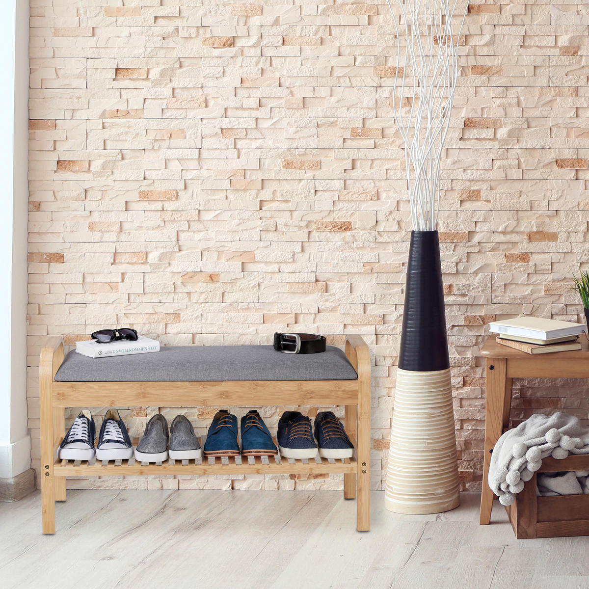 SCHUHBANK - Hellbraun, Holz/Textil (90/50/33cm) - Relaxdays