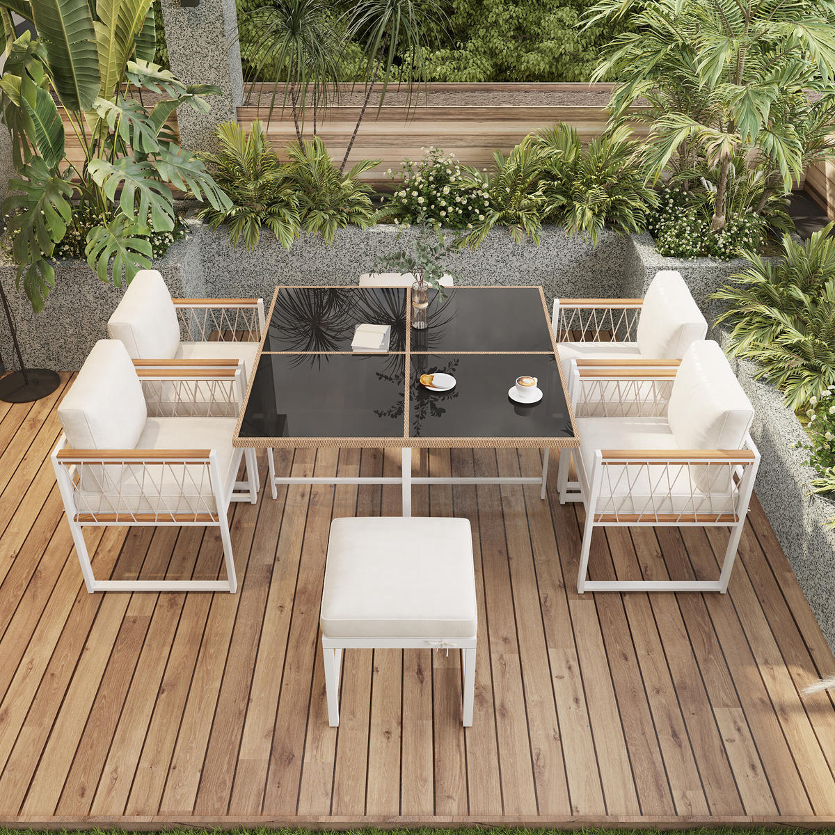 GARTENTISCH- UND STUHLSET Weiß 7tlg - Creme, Glas/Holzwerkstoff - Urban Meuble