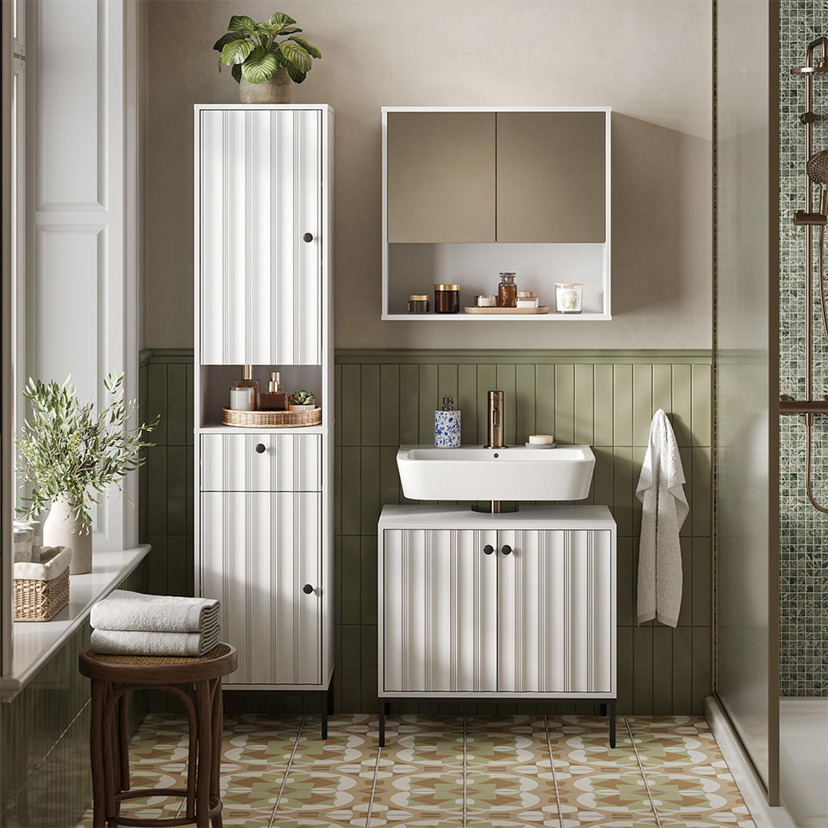 BADMÖBEL-SET Eliza Weiß Riffel 3 Teile - Weiß, Holzwerkstoff (70/65/45cm) - Vicco