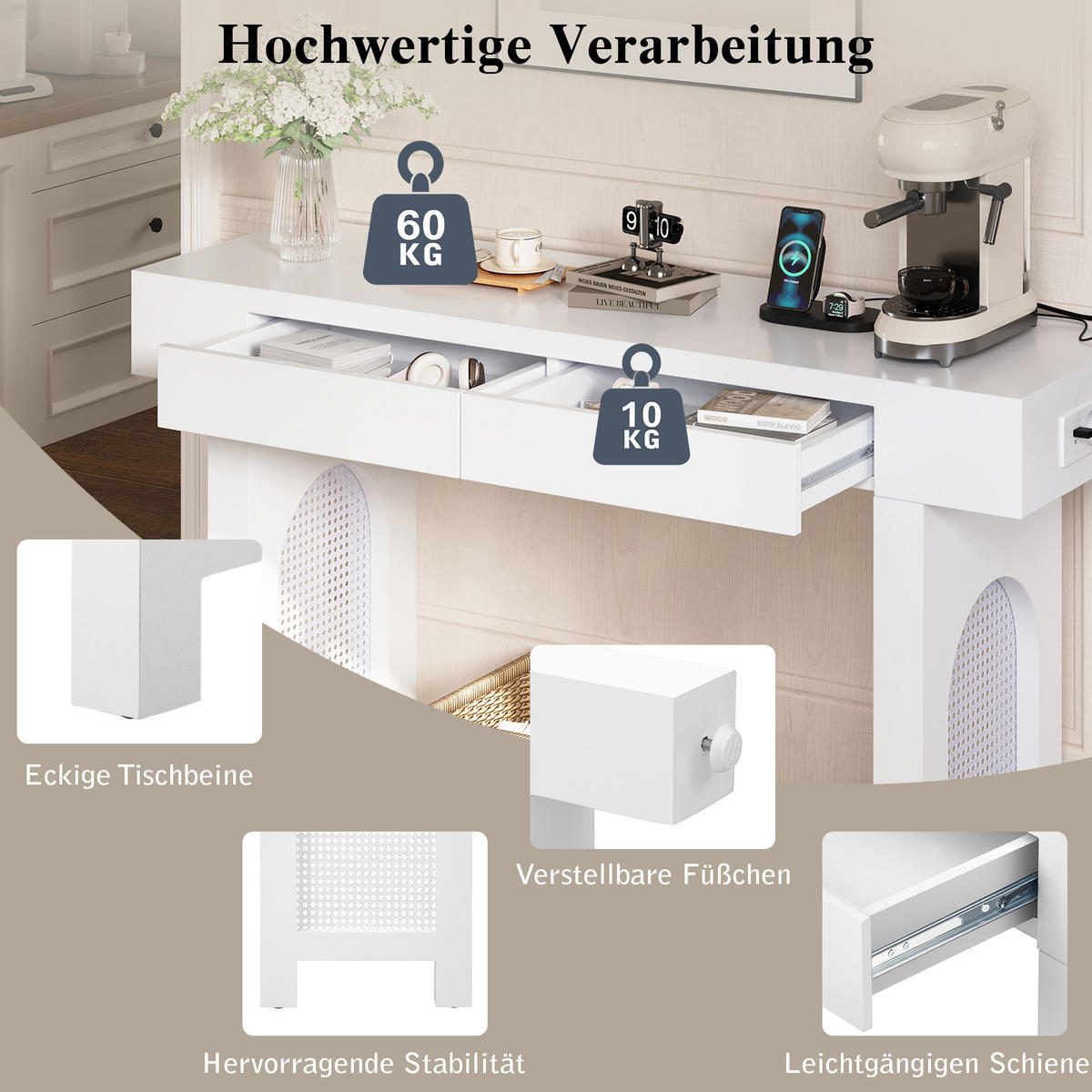 KONSOLENTISCH mit gitterdesign, 2 schubladen & integrierter steckdose - Weiß, Holzwerkstoff (35.5/120/76.5cm) - Urban Meuble