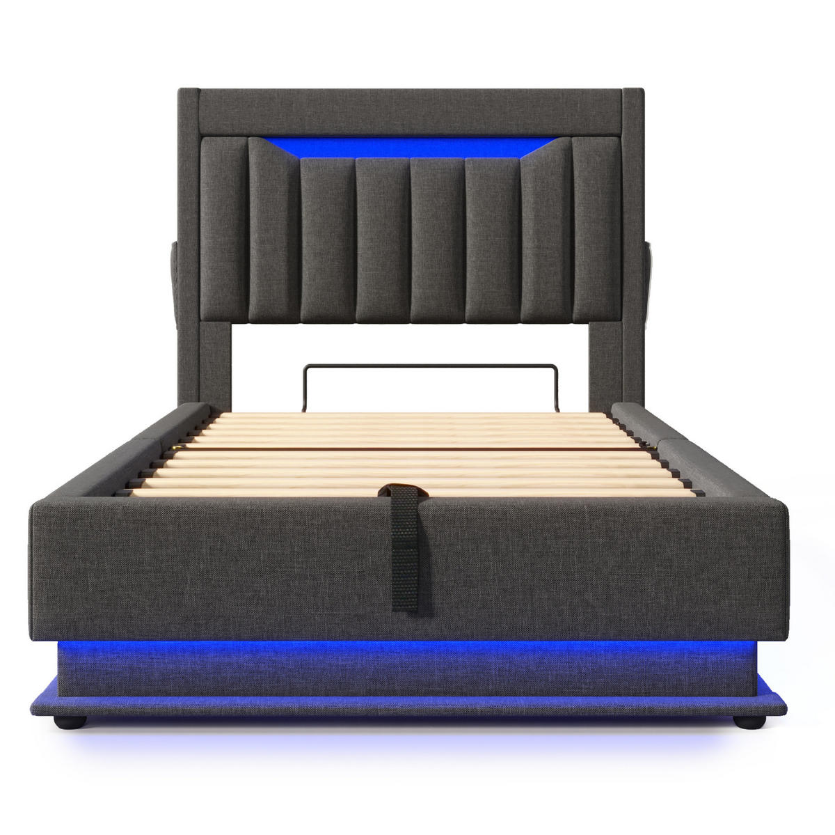 BETT mit hydraulischem Stauraum und LED 90x200 cm Leinen Grau - Grau, Metall (90/200cm) - Beauniv