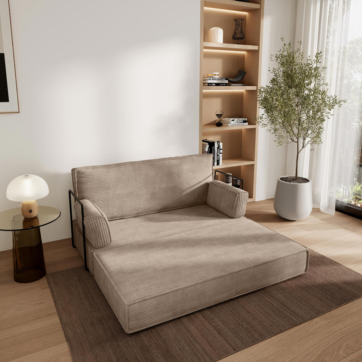POHOVKA z pěny LADIA s kovovým rámem Manšestrová látka Béžová - béžová, textil (140/86/60cm) - MASSENO