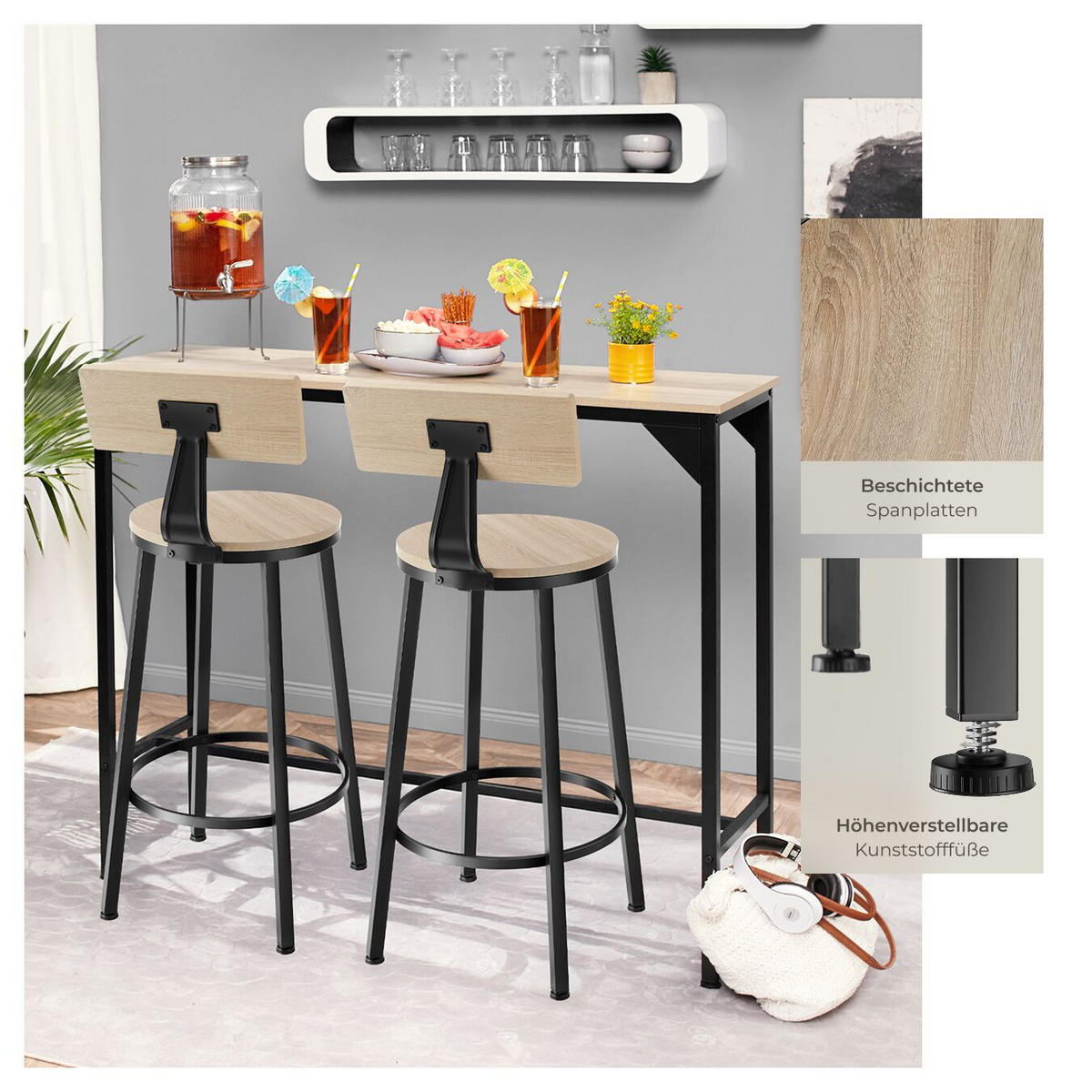 BARHOCKER 2er Set Poole,Sitzhöhe 74 cm,Industrial Holz hell - Naturfarben, Holzwerkstoff (46.5/104/46.5cm) - tectake