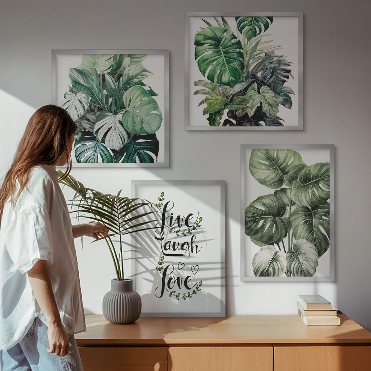 WANDBILDER 4er Set - 50x50 cm & 40x60 cm Silberner Rahmen - Blattpflanzen leben, lachen, lieben - Silberfarben, Kunststoff (50/50cm) - ArtPrintCave
