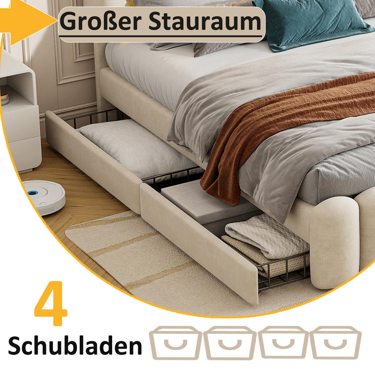 POLSTERBETT 160/200 cm Beige mit 4 Schubladen, USB und LED-Beleuchtung - Beige, Textil (160/200cm) - OKWISH